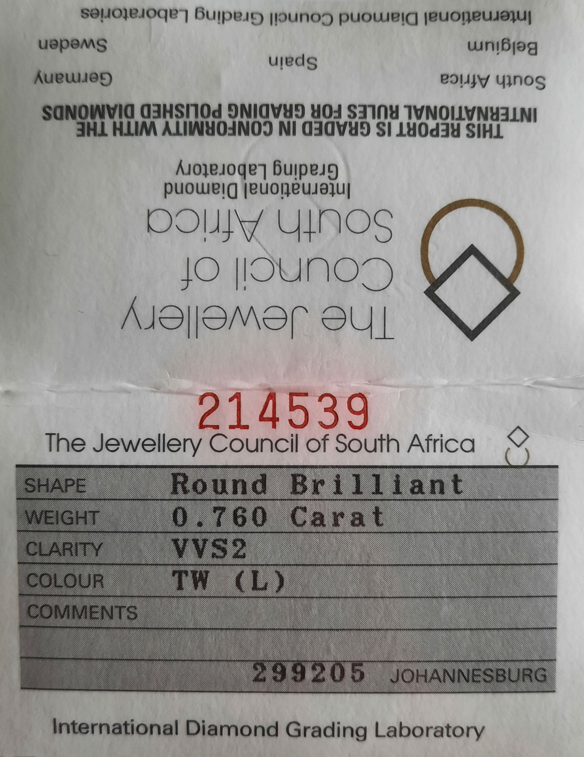 Round Brilliant Cut Diamond 0.760cts VVS2 TW (L)