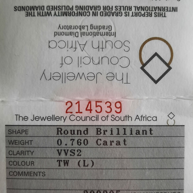 Round Brilliant Cut Diamond 0.760cts VVS2 TW (L)