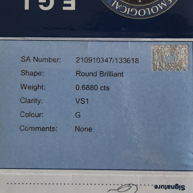 Round Brilliant Cut Diamond 0.6880cts. VS1 G