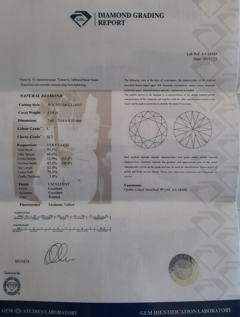 Round Brilliant Cut Diamond 1.58cts L SI2