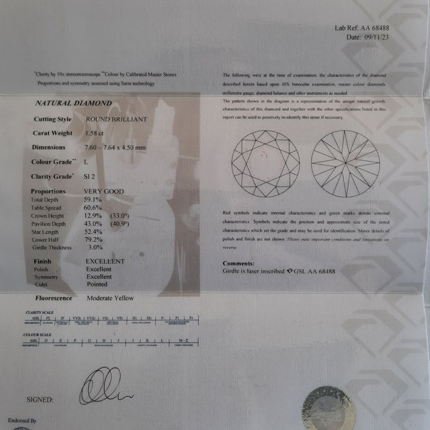 Round Brilliant Cut Diamond 1.58cts L SI2