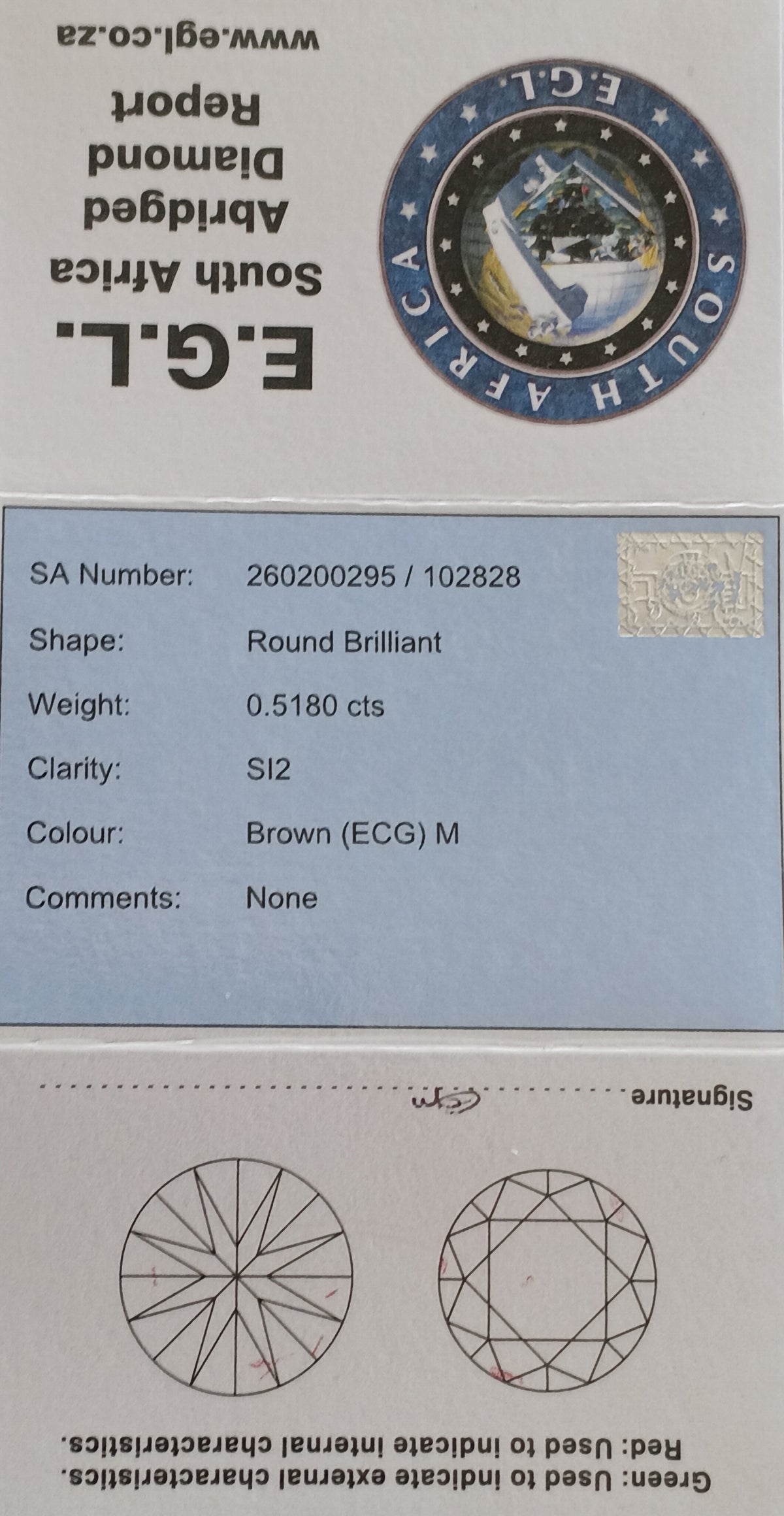 Round Brilliant Cut Diamond 0.5180cts SI2 Brown (ECG) M