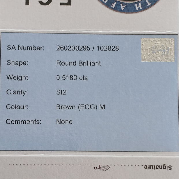 Round Brilliant Cut Diamond. 0.5180cts SI2 Brown (ECG) M