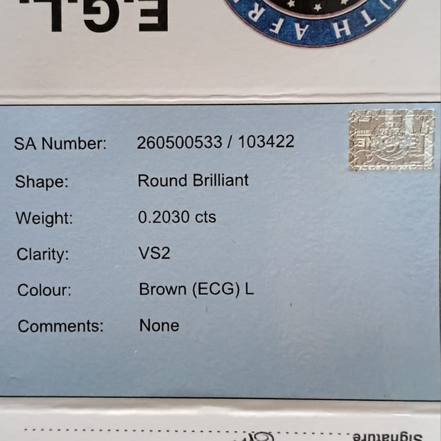 Round Brilliant Cut Diamond. 0.2030cts VS2 Brown (ECG) L EGL REPORT