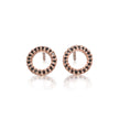 A pair of rose gold hoop stud earrings with a border of small black stones, shown on a clean white background with a soft reflection below.