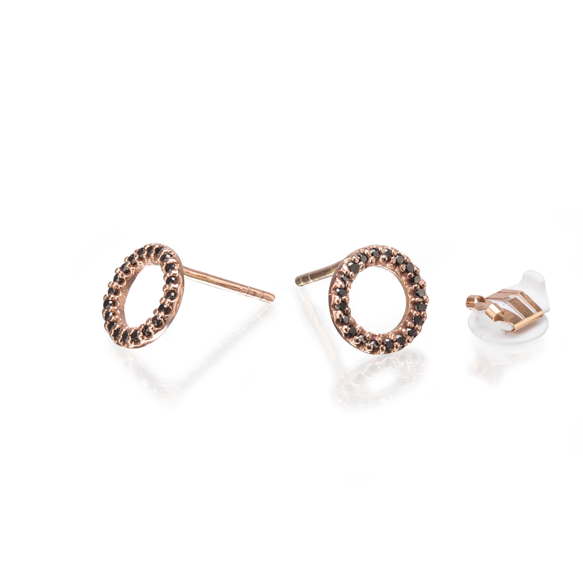 A pair of rose gold hoop stud earrings with a textured, black diamond border of small dark stones, shown on a clean white background with one earring facing forward and the other showing the side profile and butterfly backing.