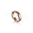 A polished rose gold band ring shown at an angle on a clean white background with a soft reflection underneath.