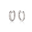 A pair of white gold hoop earrings with textured and pave-set details, displayed on a clean white background with a soft reflection below.