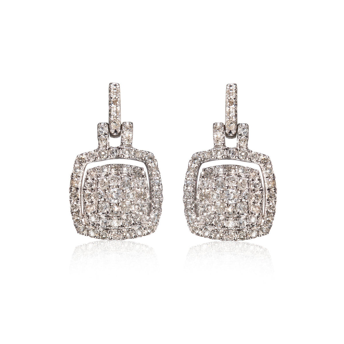 A pair of pavé diamond drop earrings in a silver-tone setting, featuring a square-shaped pavé center with a smaller diamond-encrusted top bar and lever-style hooks, shown on a white background with a soft reflection.
