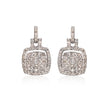A pair of pavé diamond drop earrings in a silver-tone setting, featuring a square-shaped pavé center with a smaller diamond-encrusted top bar and lever-style hooks, shown on a white background with a soft reflection.