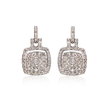 A pair of pavé diamond drop earrings in a silver-tone setting, featuring a square-shaped pavé center with a smaller diamond-encrusted top bar and lever-style hooks, shown on a white background with a soft reflection.