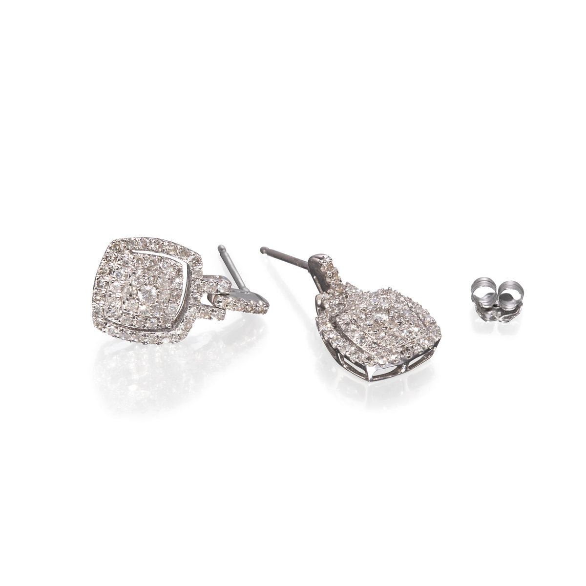 9ct White Gold Cluster Diamond Square Halo Pave Drop Earrings top view on white background