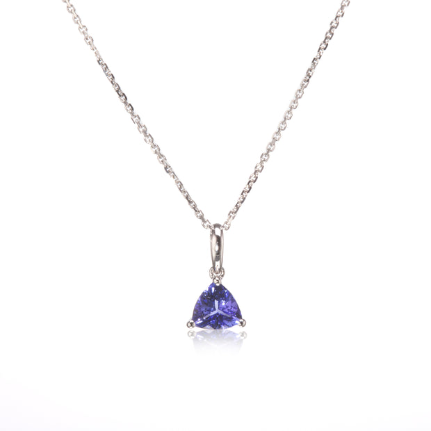 A 9ct White Gold Trillion Cut Tanzanite Pendant with a 9ct White Gold necklace shown against a plain white background.
