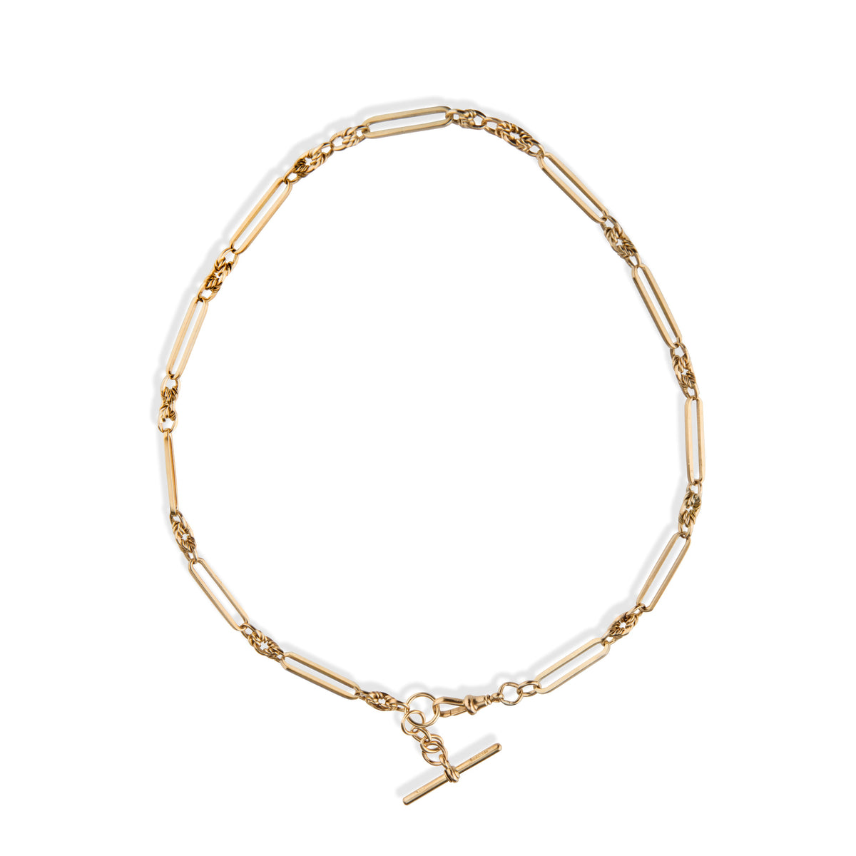 A gold paperclip chain necklace with a toggle clasp, displayed on a clean white background.