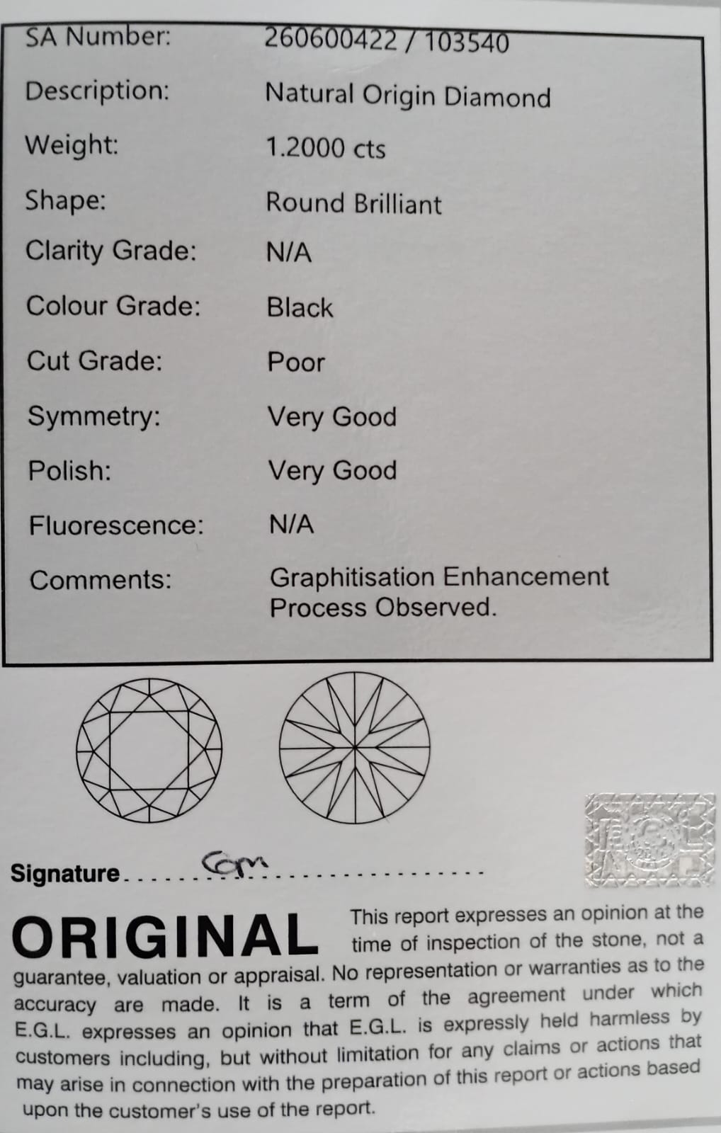 Black Round Brilliant Cut Diamond. 1.2000cts Grading Report