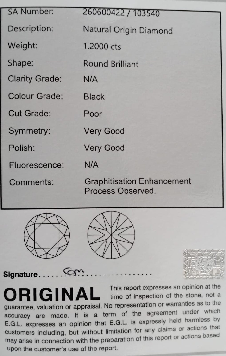 Black Round Brilliant Cut Diamond. 1.2000cts Grading Report