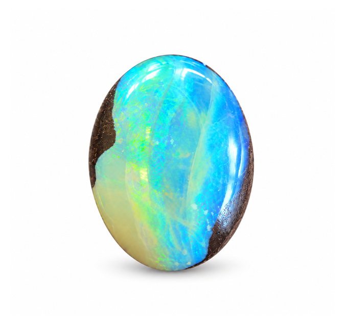 Boulder opal, 70.680 ct oval mixed cut, with blue and green play-of-colour