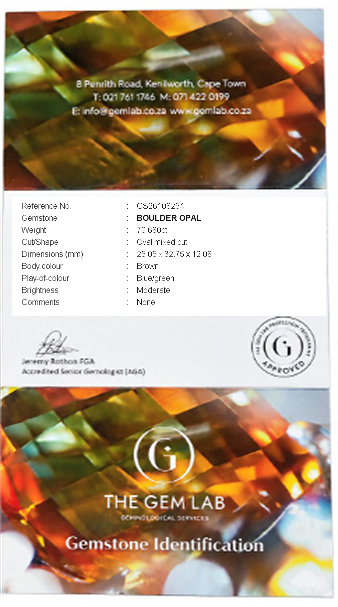 Clearer GEMLAB certificate for Boulder Opal supplied certificate details preserved.