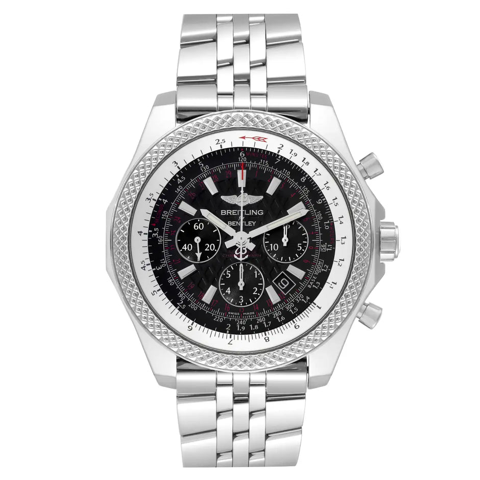 A Breitling chronograph watch with a silver stainless steel link bracelet, a textured bezel, and a black dial with silver and white details.