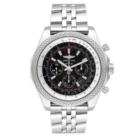 A Breitling chronograph watch with a silver stainless steel link bracelet, a textured bezel, and a black dial with silver and white details.