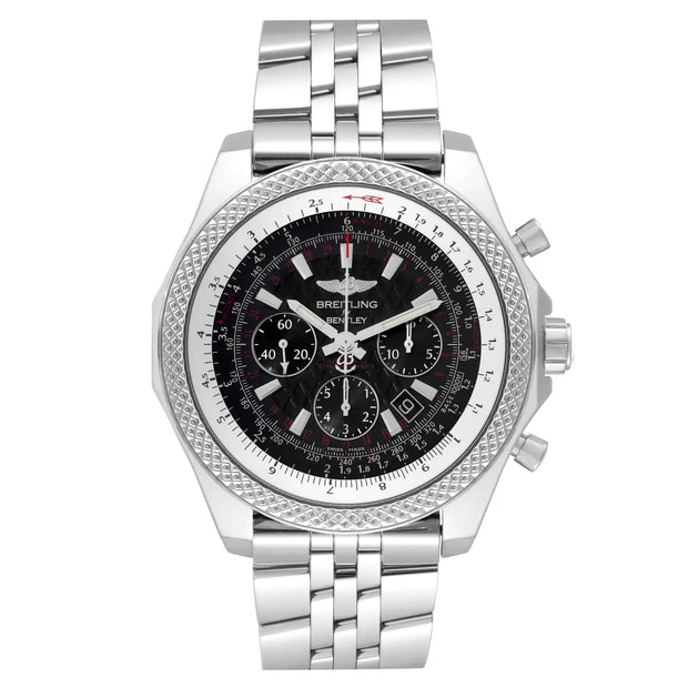 A Breitling chronograph watch with a silver stainless steel link bracelet, a textured bezel, and a black dial with silver and white details.