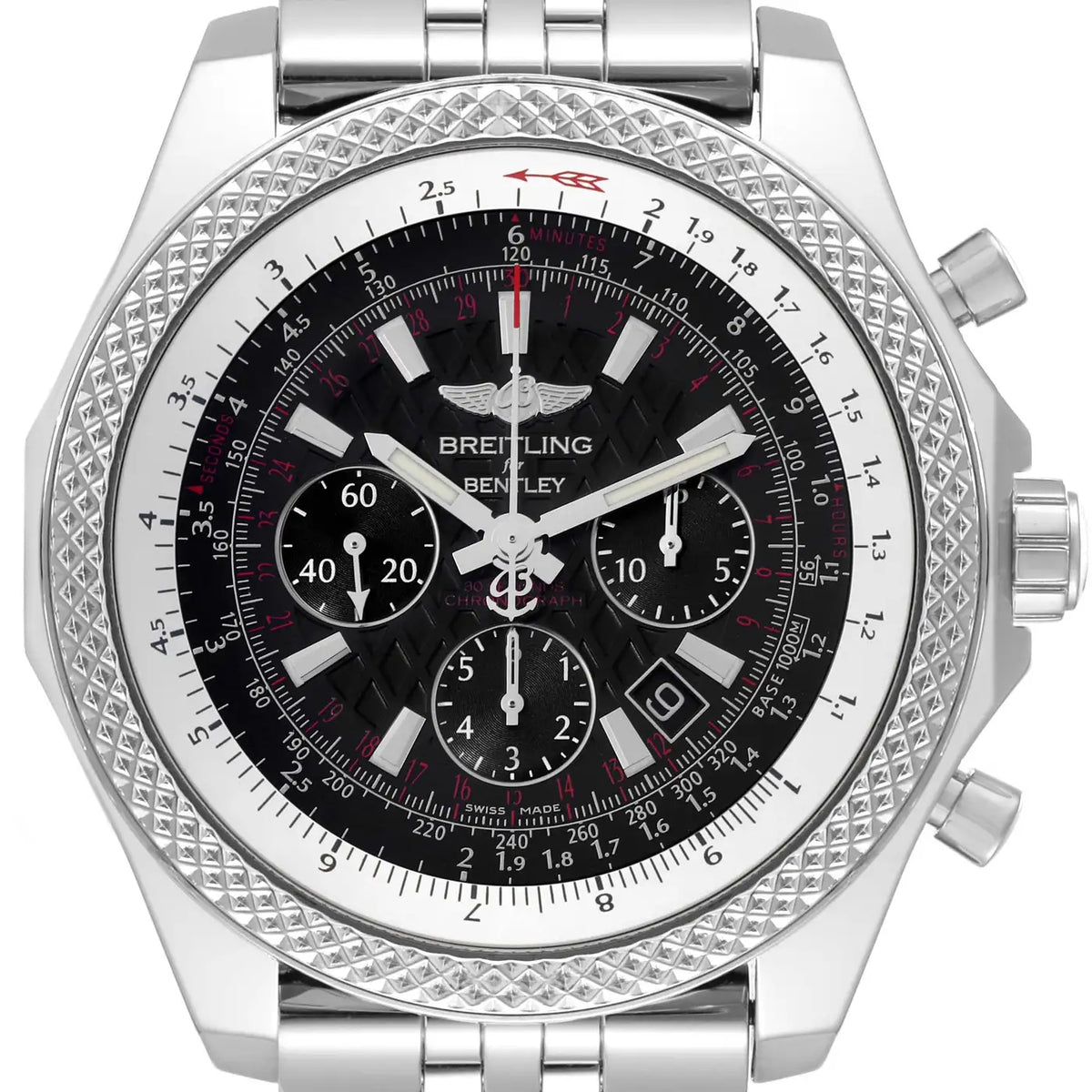 A Breitling chronograph watch with a silver-tone stainless steel case, a textured bezel, and a black dial with white and red details.