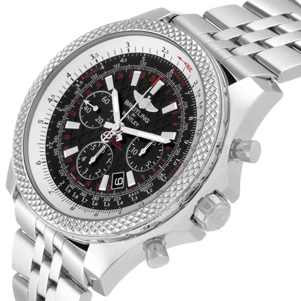 A stainless steel wristwatch with a textured bezel, a black dial with white and red accents, and a matching silver link bracelet, shown on a white background.