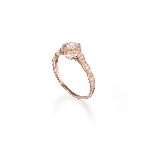 Browns 18ct Rose Gold Vintage- Inspired engagement Ring on white background