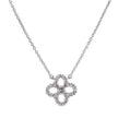A white gold chain necklace with a four-petal clover pendant encrusted with small clear stones, shown against a plain white background.