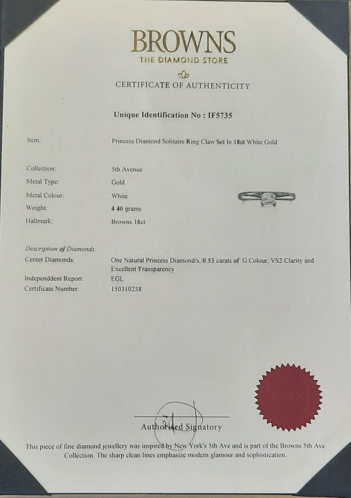 Certificate of Authenticity for a diamond ring from Browns The Diamond Store
