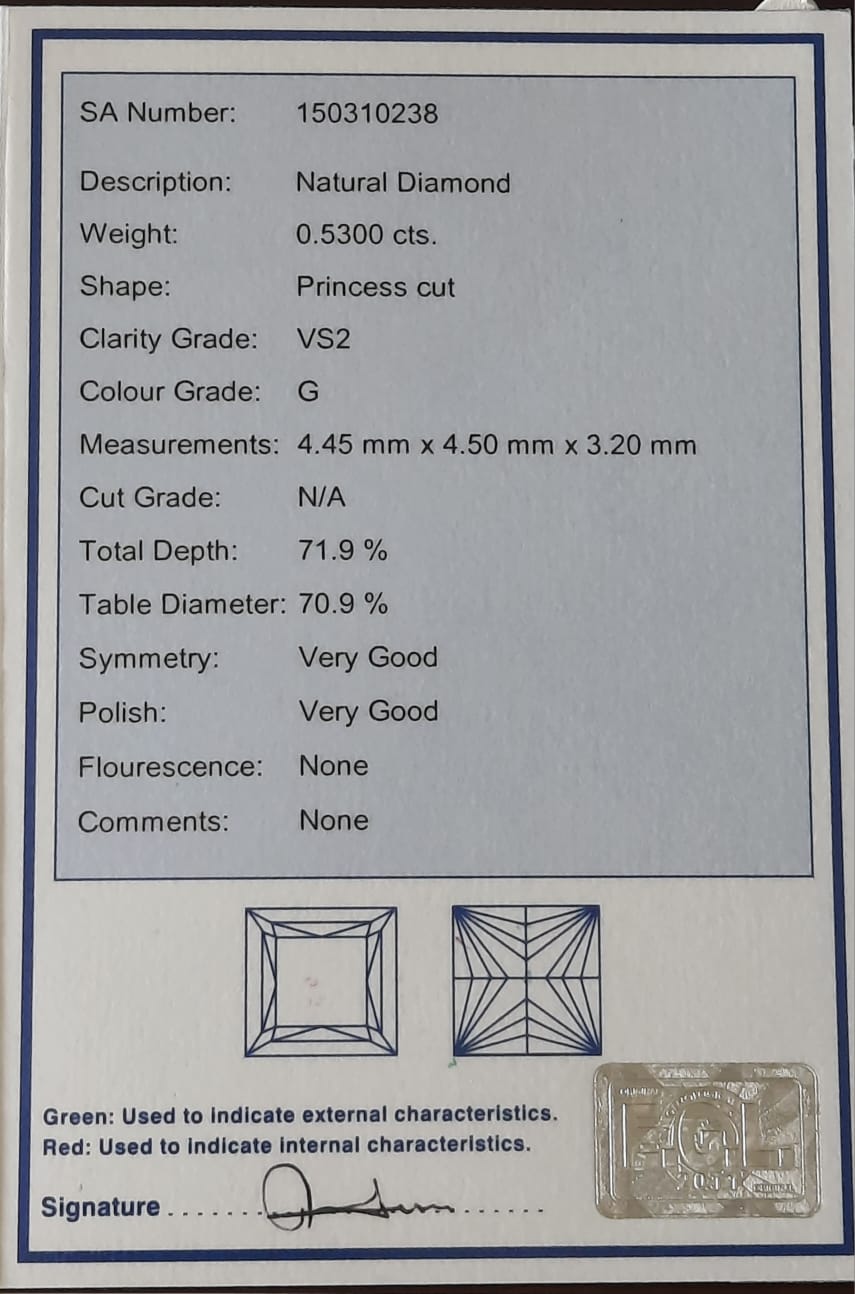 Diamond certification card with detailed information about a natural diamond.