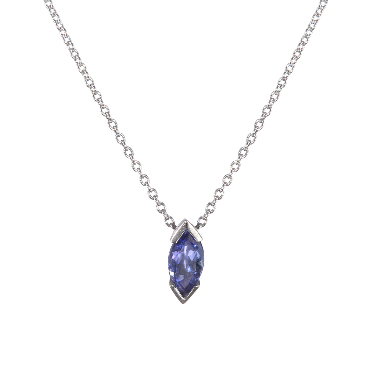 A White gold chain necklace with a marquise-cut purple gemstone pendant in a silver bezel setting, shown against a plain white background.