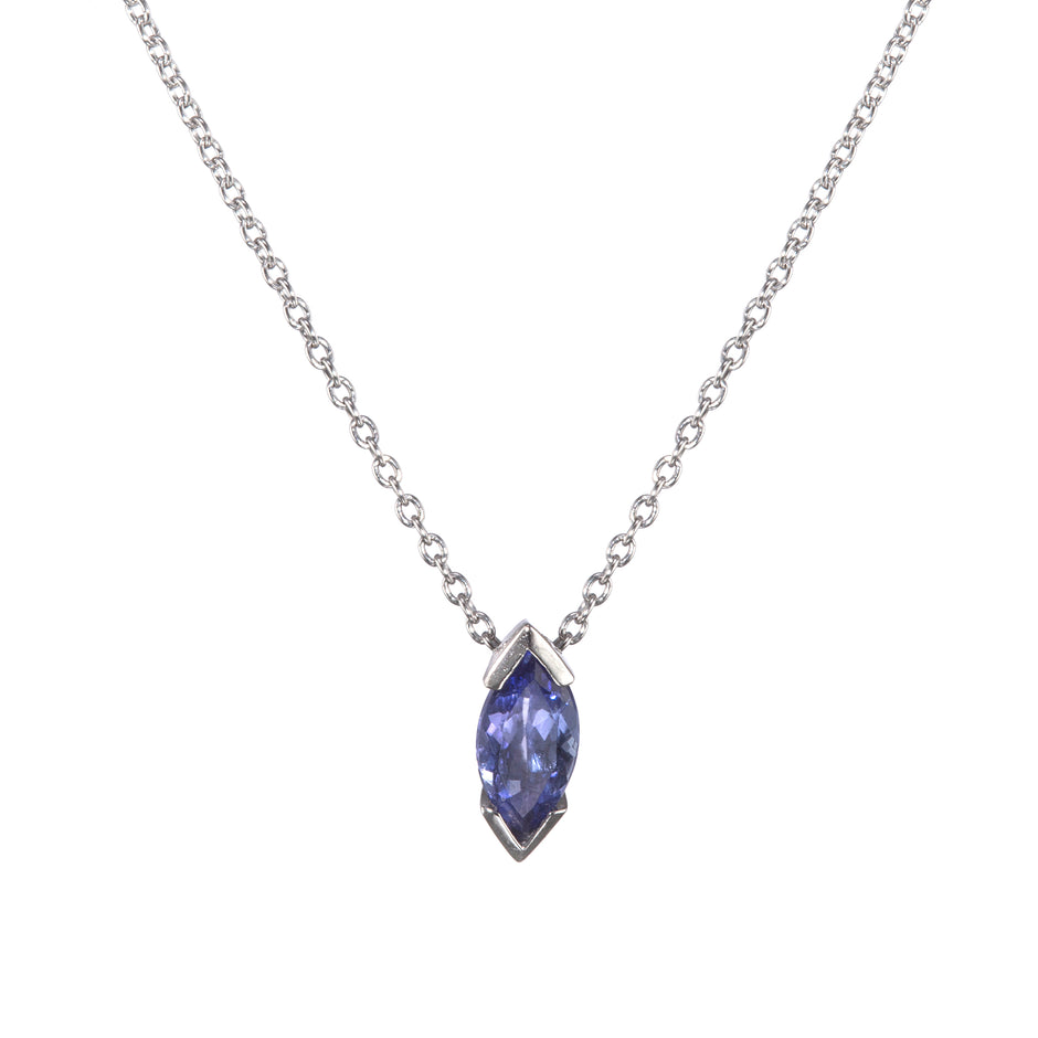 A White gold chain necklace with a marquise-cut purple gemstone pendant in a silver bezel setting, shown against a plain white background.