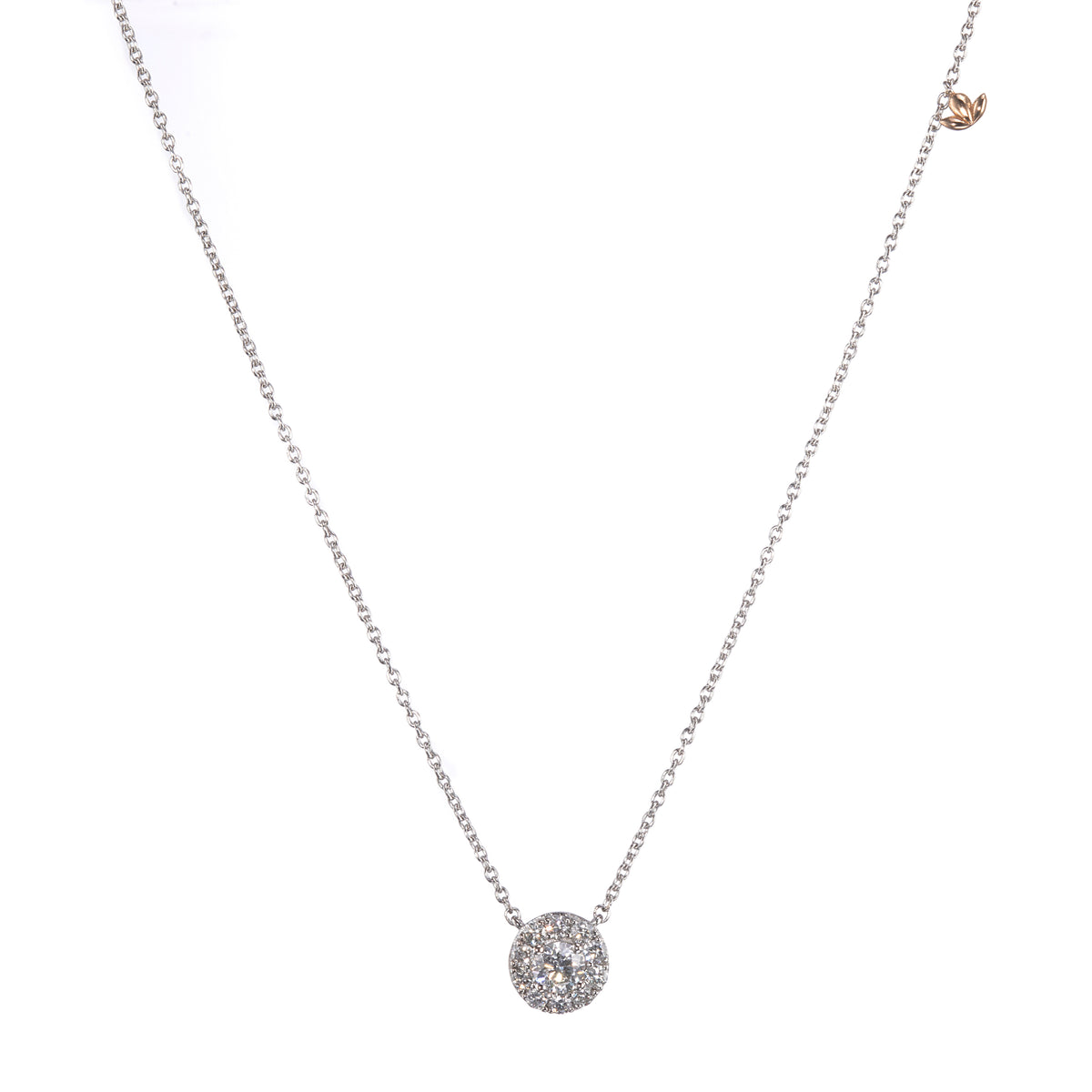Browns Diamond Guardian Angel Halo Necklace set in 18ct Two Tone Gold on white background