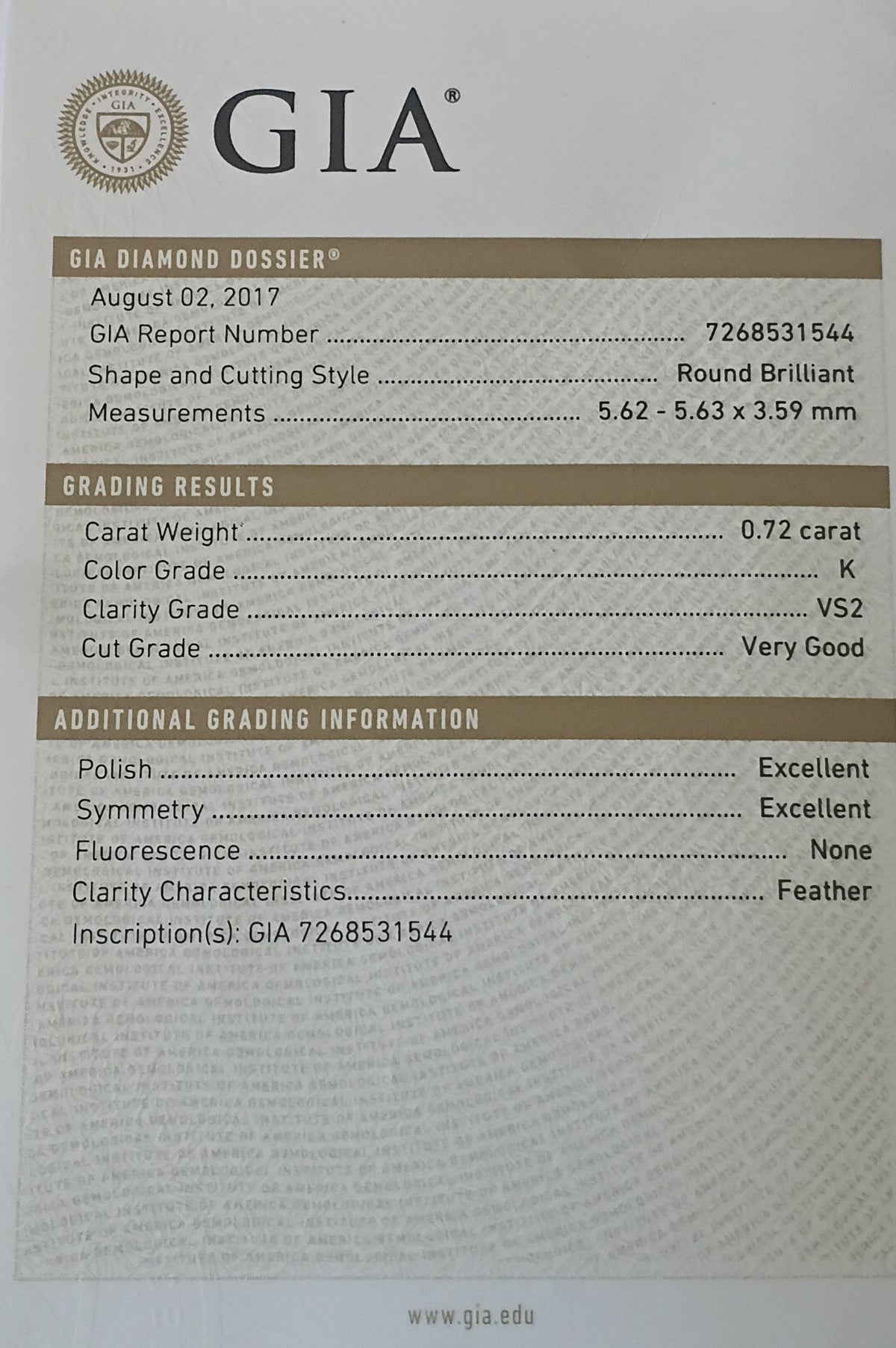 GIA diamond certificate with grading details on a white background