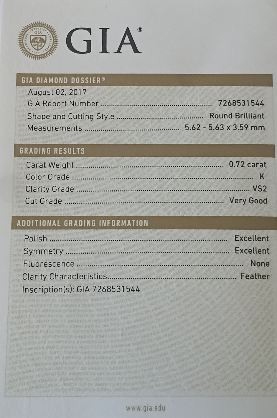 GIA diamond certificate with grading details on a white background