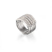 A white gold multi-band ring featuring rows of pavé-set clear stones on the upper band, photographed on a clean white background with a soft reflection below.