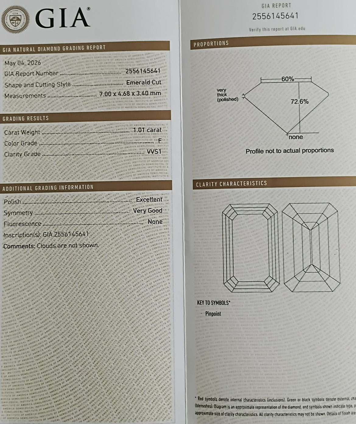 GIA diamond grading report with detailed specifications and diagrams.