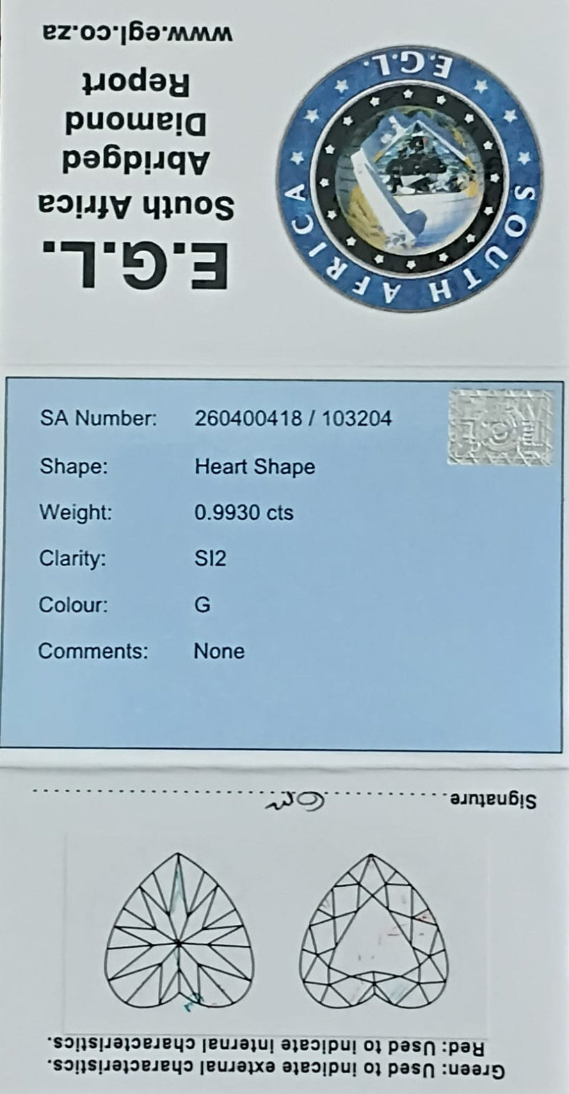 Diamond certification card with EGL logo and diamond details on a blue background
