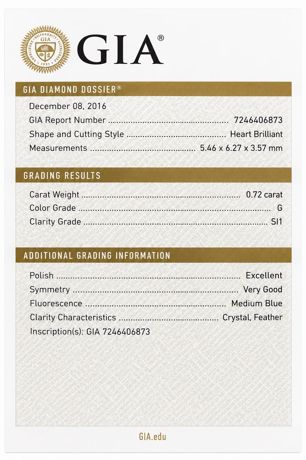 A GIA diamond dossier certificate page showing the GIA logo, heart brilliant shape, measurements, grading results for a 0.72 carat color grade G clarity S1 diamond, and additional grading information on an off-white textured background.