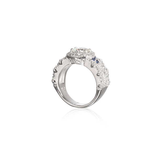 Jenna Clifford 9ct White Gold Diamond Rose Filigree Halo Ring with Sapphires side view on white background