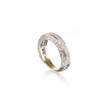 A white gold diamond band ring with an engraved geometric pattern, shown on a clean white background with a soft reflection.