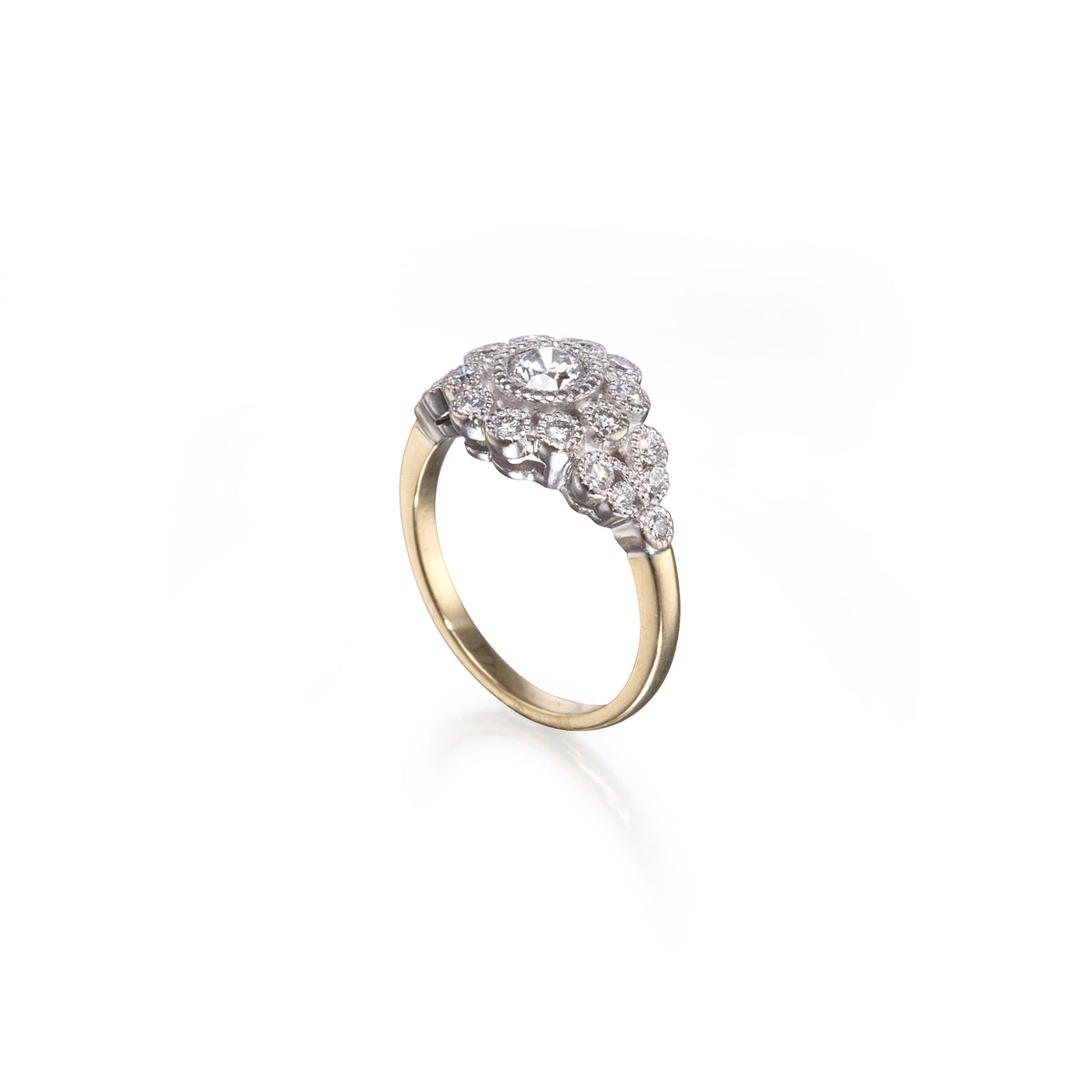 18ct White and Yellow Gold Two Tone Vintage Style with Milgrain Diamond Cluster Ring
