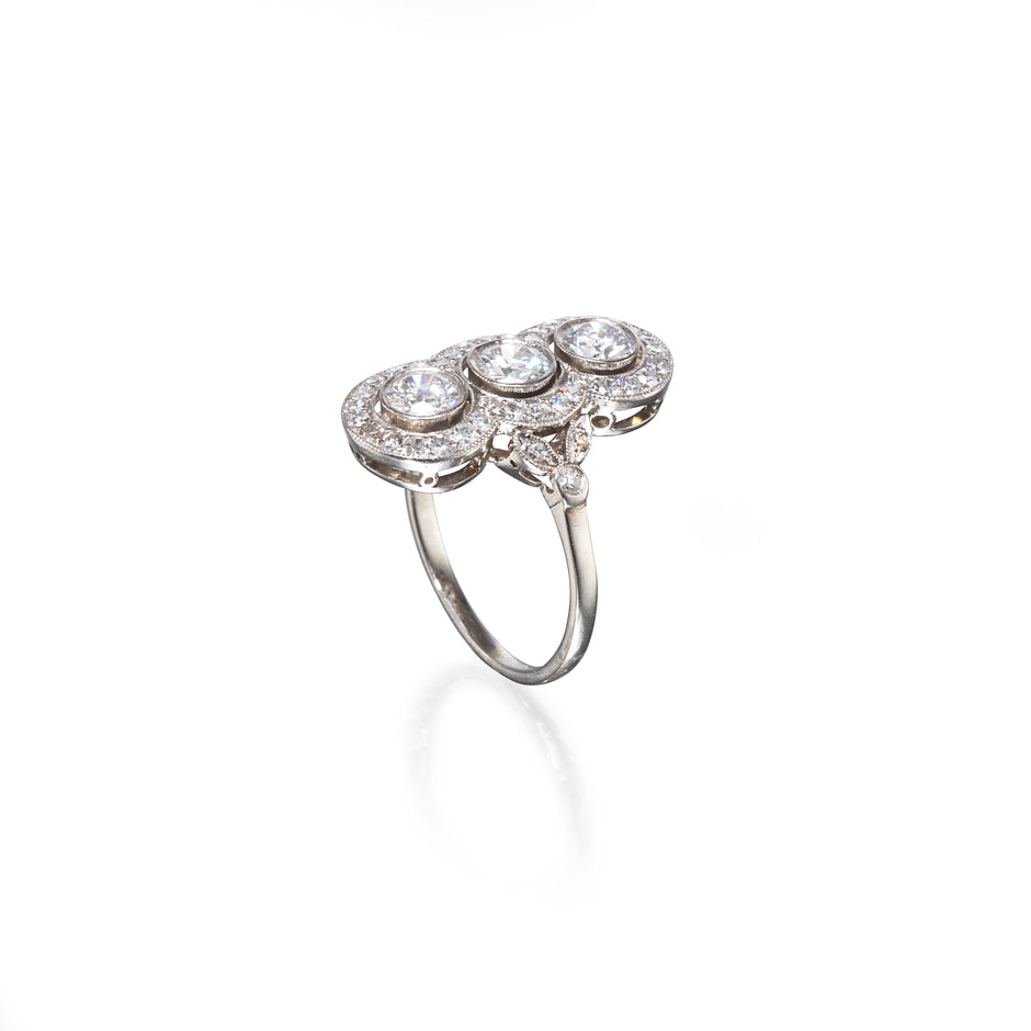 Vintage 18ct White Gold Art-Deco Triple Cluster Milgrain Diamond Ring