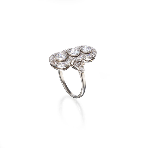 Vintage 18ct White Gold Art-Deco Triple Cluster Milgrain Diamond Ring