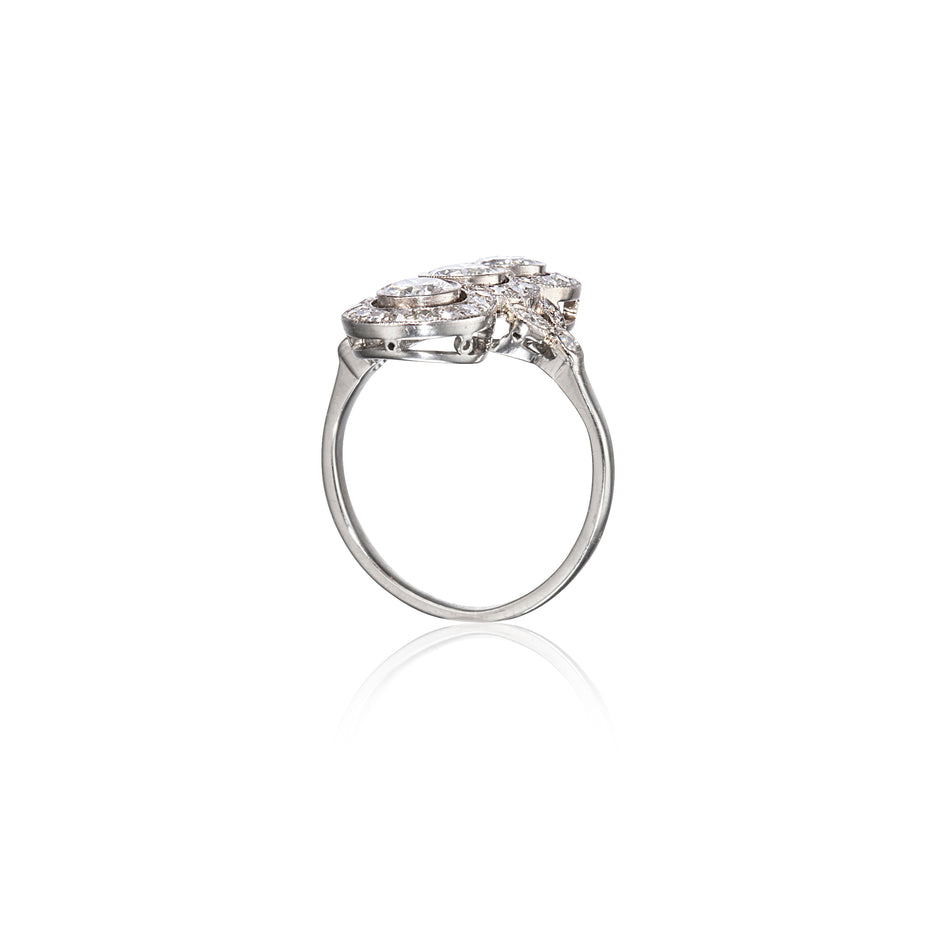 Vintage 18ct White Gold Art-Deco Triple Cluster Milgrain Diamond Ring
