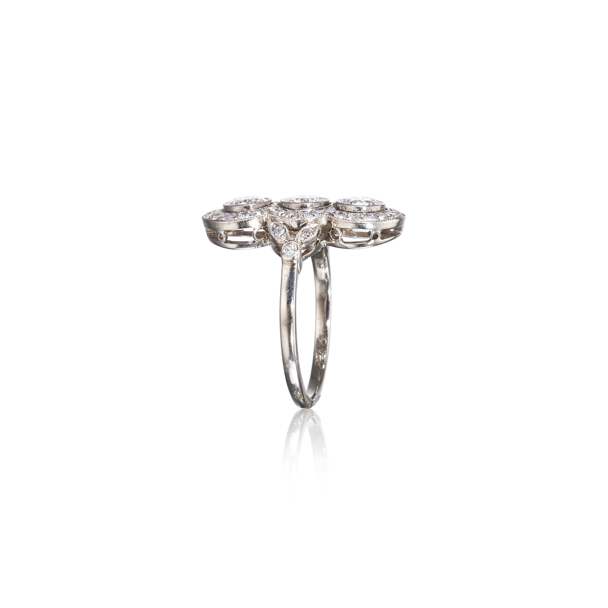 Vintage 18ct White Gold Art-Deco Triple Cluster Milgrain Diamond Ring