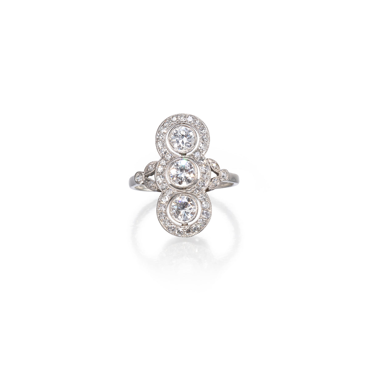 Vintage 18ct White Gold Art-Deco Triple Cluster Milgrain Diamond Ring