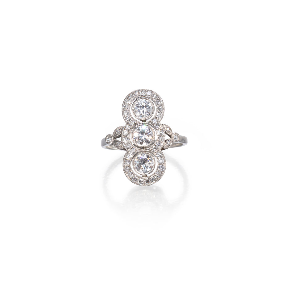 Vintage 18ct White Gold Art-Deco Triple Cluster Milgrain Diamond Ring