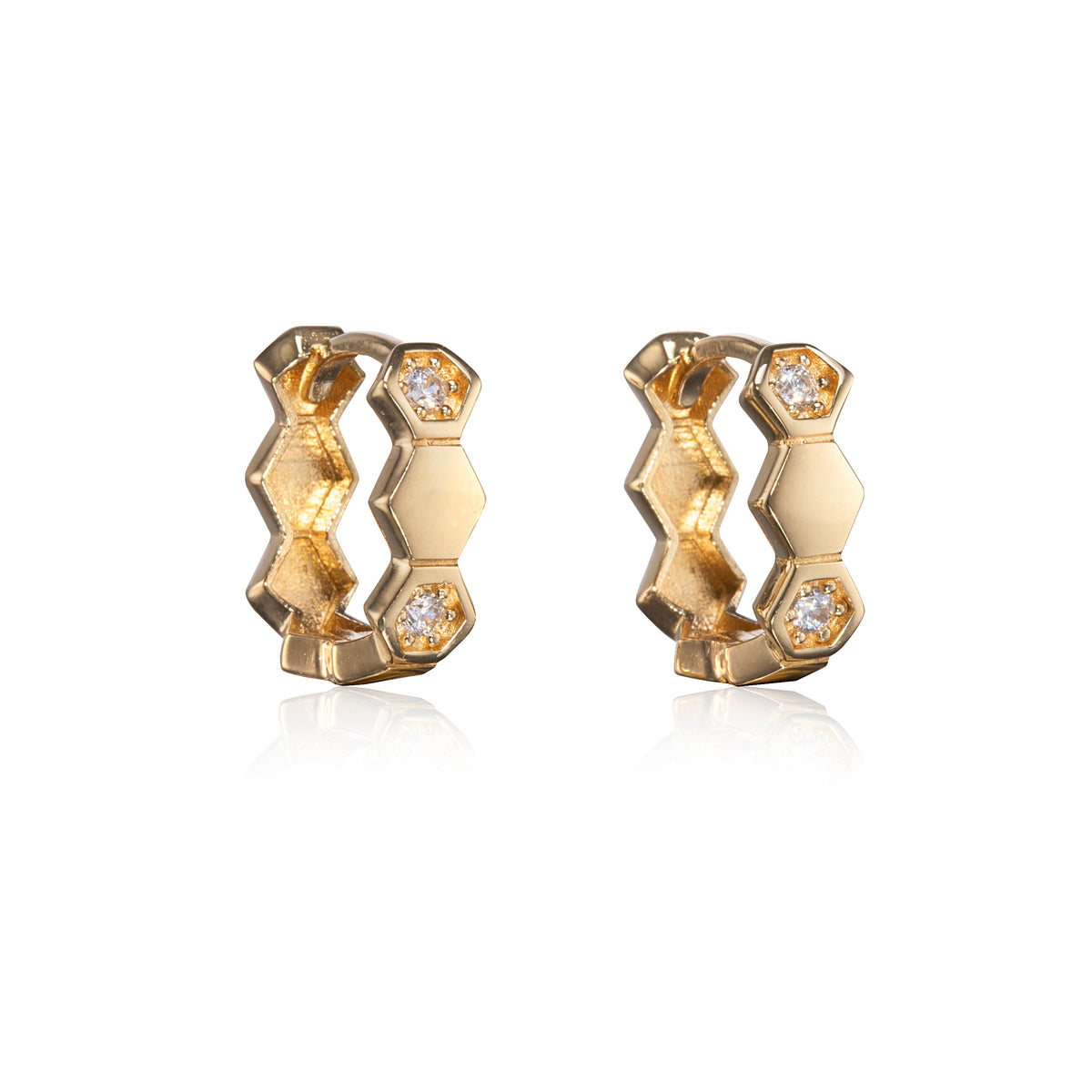 18ct Yellow Gold Hexagon Detail Huggie Earrings
